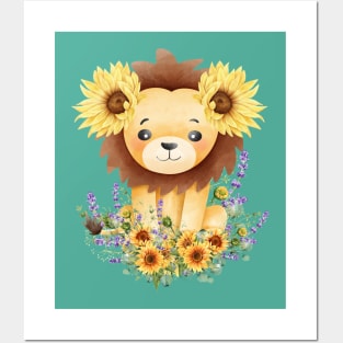 Cute lion and sun flower Posters and Art